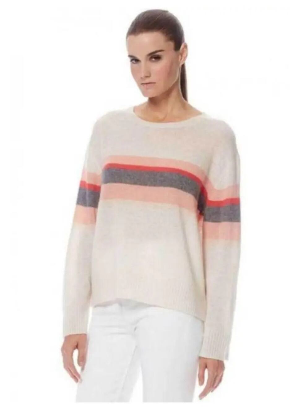360 Cashmere Oversized Crewneck Sweater Off White Cashmere Pink Stripe S